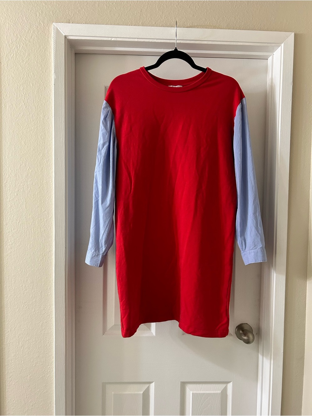 Carolina Belle Red Longline Shirt with Light Blue Sleeves